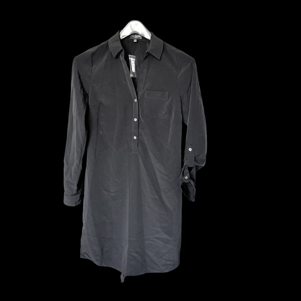 The Limited Ashton Black Shirt Dress Tall Small Long Sleeve Gold Button Roll Tab